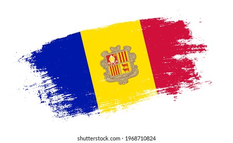 Flag of Andorra country on brush paint stroke trail view. Elegant texture of national country flag