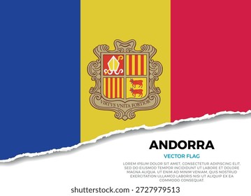Bandera de Andorra. Creativo efecto de borde de papel rasgado sobre fondo transparente con irregularidades irregulares. Una apariencia tridimensional con sombras realistas, como si hubiera sido rasgada para revelar una superficie blanca debajo