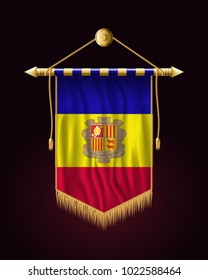 Flag of Andorra. Festive Vertical Banner. Wall Hangings with Gold Tassel Fringing