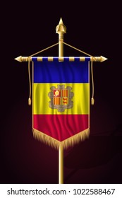 Flag of Andorra. Festive Vertical Banner. Wall Hangings with Gold Tassel Fringing