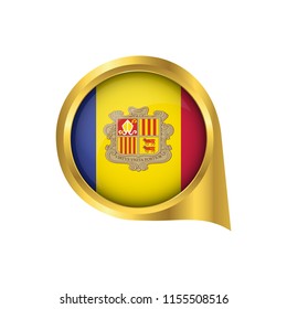 Flag of Andorra, location map pin, pointer flag Andorra, button gold, Icon country . Vector Illustration EPS10.