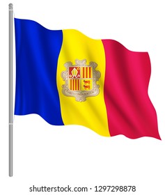 Flag of Andorra with flag pole waving in wind. Vector illustration
