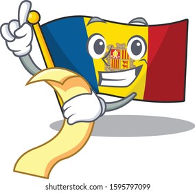 Flag andorra Scroll cartoon character holding menu ready to serve