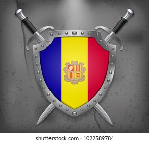 Flag of Andorra. The Shield with National Flag. Two Crossed Swords. Vector Medieval Background