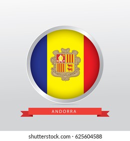 Flag of Andorra in shiny circle with red ribbon on gradient gray background.