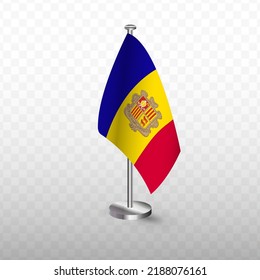 Bandera de Andorra . Ilustración vectorial de una bandera con mástil en un fondo transparente (PNG).