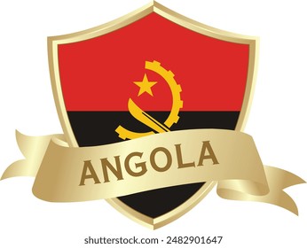 Flag of angola as around the metal gold shield with angola flag