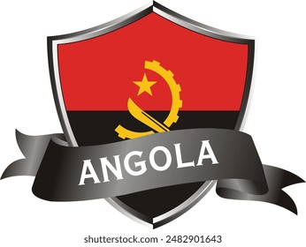 Flag of angola as around the metal silver shield with angola flag