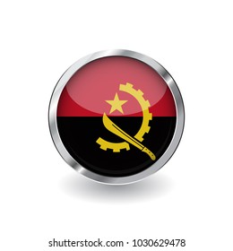 Flag of angola, button with metal frame and shadow. angola flag vector icon, badge with glossy effect and metallic border. Realistic vector illustration on white background.