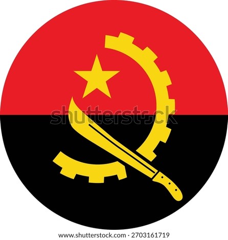 The flag of Angola is depicted in a circular design, featuring a machete, gear, and star.