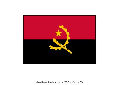 The flag of Angola features bold red and black horizontal stripes with a yellow emblem. The emblem includes a machete, gear, and star, symbolizing the country's heritage and struggle.