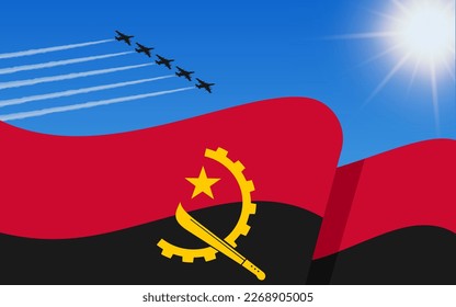 Flag of Angola and a fighter plane formation flying in the sky. Independence day Angola. Military aviation in the blue sky. Vector illustration