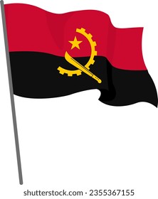 Flag Angola is flying. Official flag Angola flies of flagpole. Independence Day. Banner, flyer, poster template. National flag Angola with coat of arms. Wavy flag Angola.