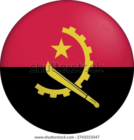 Flag of Angola. Glossy circular flag. Button appearance. 3D Icon Design with depth. Professional, tactile look. Perfect for representing national identity in digital interfaces and perfect for websites.