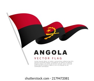 The flag of Angola hangs on a flagpole and flutters in the wind. Vector illustration isolated on white background. Colorful Angolan flag logo.