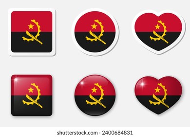 Flag of Angola icons collection. Flat stickers and 3d realistic glass vector elements on white background with shadow underneath.