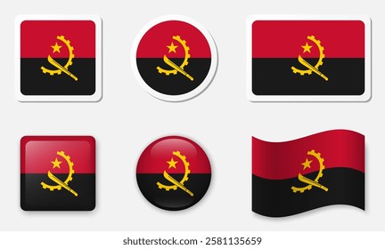 Flag of Angola icons collection. Flat stickers and 3d glass vector elements on white background.