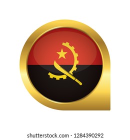 Flag of Angola, location map pin, pointer flag, button with the reflection of light and shadow, gold frame, Icon country. Realistic vector illustration on white background.