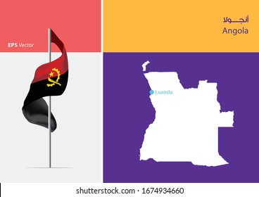 Flagge Angolas auf weißem Hintergrund. Karte von Angola mit der Hauptstadt - Luanda. (EPS10 Vektorillustration Art)