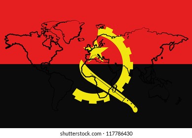 The flag of Angola with the outline of the world