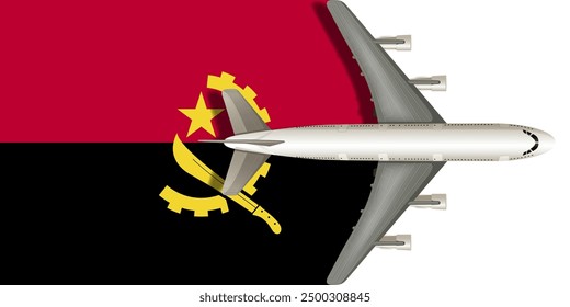 Flag of Angola with a plane flying over it close up. Vector image.