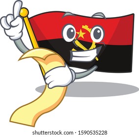 Flag angola Scroll cartoon character holding menu ready to serve