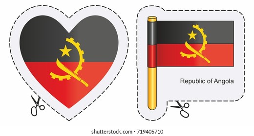 Flag Angola. Vector cut sign here, isolated on white. Can be used for design, stickers, souvenirs.