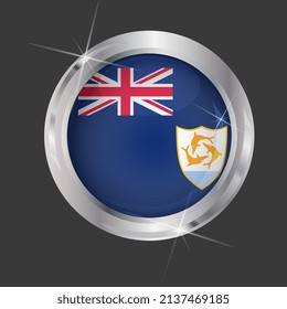 Flag of Anguilla in circle. 3D effect. Glossy and shiny button with metal frame and sparkles. Light reflection. Round Graphic design element. Isolated on gray background. Vector image EPS 10. 