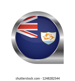 Flag of Anguilla, location map pin, pointer flag, button with the reflection of light and shadow, silver frame, Icon country. Realistic vector illustration on white background.