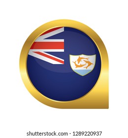 Flag of Anguilla, location map pin, pointer flag, button with the reflection of light and shadow, gold frame, Icon country. Realistic vector illustration on white background.