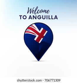 Flag of Anguilla in shape of map pointer or marker. Welcome to Anguilla. Vector illustration.