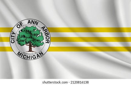 Flag of Ann Arbor, Michigan, USA. Realistic waving flag of Ann Arbor vector background.