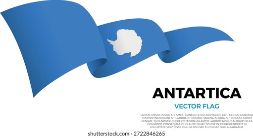 Bandeira da Antártida. Cultura multicultural e do polo sul. Coloque em um plano de fundo branco limpo com o nome do país e o espaço de cópia. Um sinalizador de vetor brilhante renderizado em três camadas que cria um efeito de ondulação dinâmico com sombras e gradientes realistas. As curvas elegantes e sombreamento realista criam uma sensação de movimento, tornando-o ideal para temas oficiais, projetos internacionais, materiais de viagem e apresentações culturais