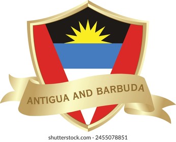 Flag of antigua and barbuda as around the metal gold shield with antigua and barbuda flag