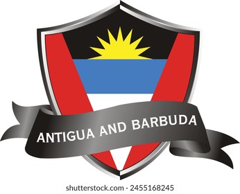 Flag of antigua and barbuda as around the metal silver shield with antigua and barbuda flag