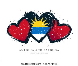 Flag of Antigua and Barbuda in the form of three hearts. Vector illustration on a white background. Brush strokes are drawn by hand. Independence Day.