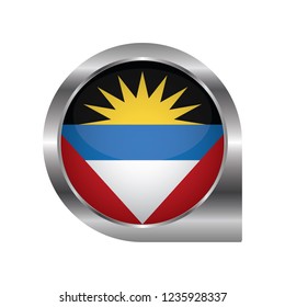 Flag of Antigua and Barbuda, location map pin, pointer flag, button with the reflection of light and shadow, silver frame, Icon country. Realistic vector illustration on white background.