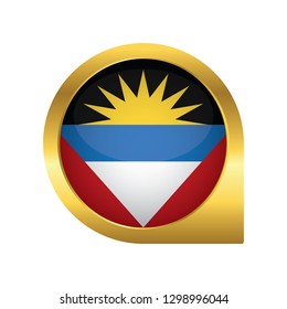 Flag of Antigua and Barbuda, location map pin, pointer flag, button with the reflection of light and shadow, gold frame, Icon country. Realistic vector illustration on white background.