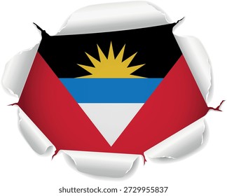 Flag of Antigua And Barbuda. Flag Revealed Through Torn Paper Hole with Realistic Curled Edges over a transparent background. The ripped edges curl outward with realistic shadows and depth, creating a striking reveal effect