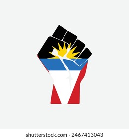 Flag of Antigua and Barbuda in the shape of raised hand sign isolated on background. Fist symbol modern, simple, vector, icon for website design, mobile app, ui. Vector Illustration