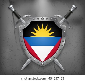 Flag of Antigua and Barbuda. The Shield Has Flag Illustration. Two Crossed Swords that are Behind the Shield. Vector Medieval Background