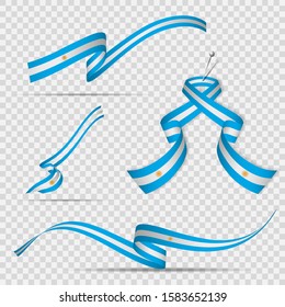 Flag of Argentina. 9th of July. Sol de Mayo. Set of realistic wavy ribbons in colors of argentinian flag on transparent background. Independence day. National symbol. Vector illustration.