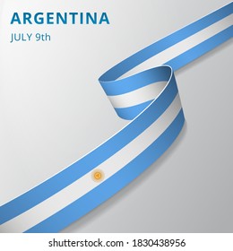 Flag of Argentina. 9th of July. Sol de Mayo. Vector illustration. Wavy ribbon on gray background. Independence day. National symbol