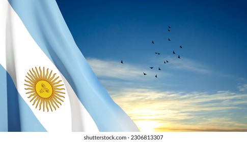 Bandera de Argentina contra la puesta de sol. Antecedentes patrióticos