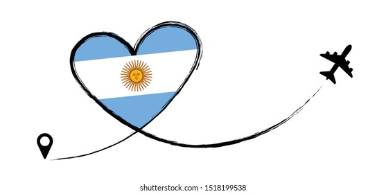 Flag argentina, argentine, republic. Heart, love romantic travel. Symbol of  airplane, air plane, aircraft, aeroplane, flying, fly jet airline. Line path. Vector location pointer route. Travel. 
