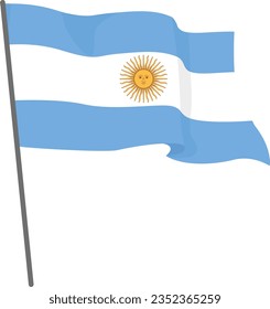 Bandera de Argentina ondeando. Bandera oficial Argentina vuela de asta. Día de la Independencia. Cartel, volante, plantilla de afiches. Bandera nacional Argentina con escudo de armas. Bandera ondulada Argentina.