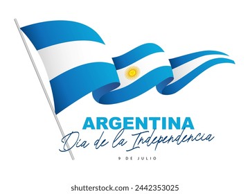 Flag of Argentina on the flagpole is fluttering in the wind. Inscription in Spanish - Argentina's Independence Day - July 9th. Vector illustration on a white background.