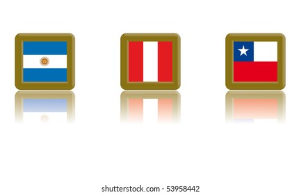 Flag of Argentina, Peru and Chile with gold frame and reflection