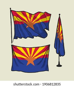 Bandera de Arizona en el viento y en la pared conjunto de ilustraciones dibujadas a mano