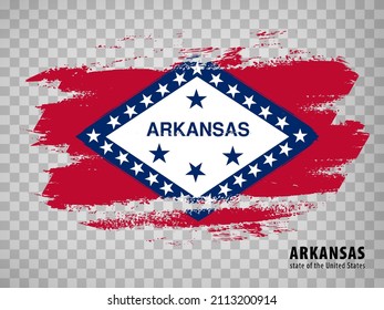 Flag of Arkansas from brush strokes. United States of America.  Flag Arkansas with title on transparent background for your web site design, app, UI. Stock vector. Vector illustration. EPS10.